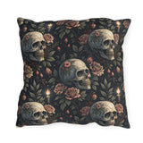 Gothic skulls, dusty roses and candles on dark charcoal outdoor pillow