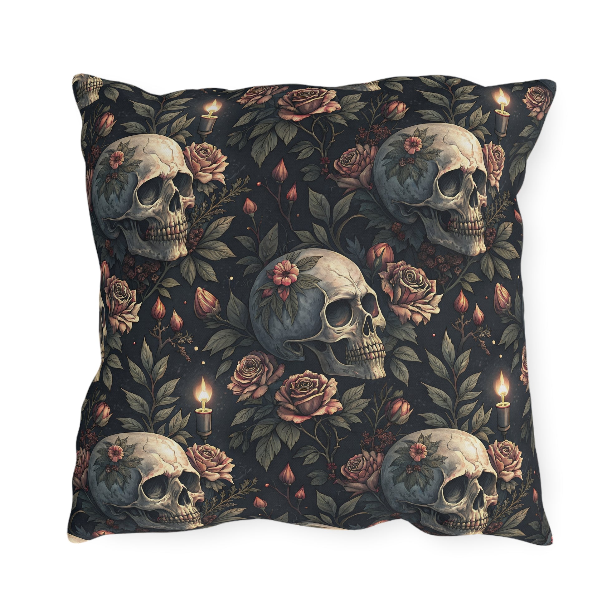 Gothic skulls, dusty roses and candles on dark charcoal outdoor pillow