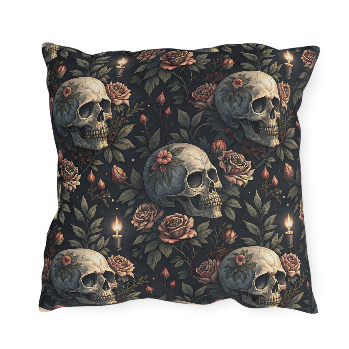 Gothic skulls, dusty roses and candles on dark charcoal outdoor pillow