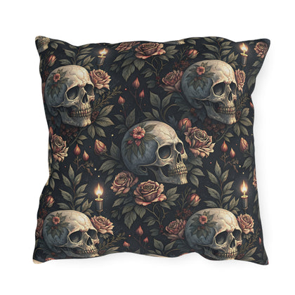 Gothic skulls, dusty roses and candles on dark charcoal outdoor pillow