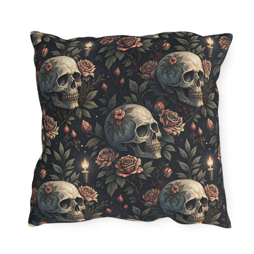 Gothic skulls, dusty roses and candles on dark charcoal outdoor pillow