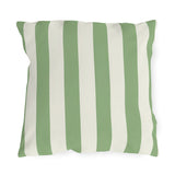 Sage green and cream cabana stripes on an outdoor pillow
