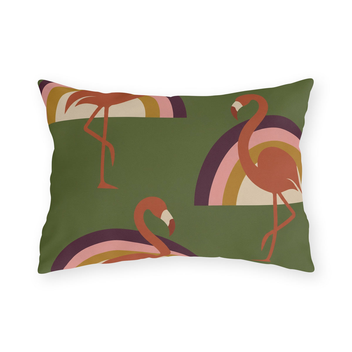 Retro flamingo outdoor lumbar pillow with orange flamingos and rainbow arcs on olive green