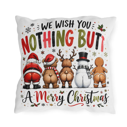 Funny Christmas outdoor pillow with Santa, bear, reindeer, snowman and gingerbread man seen from behind