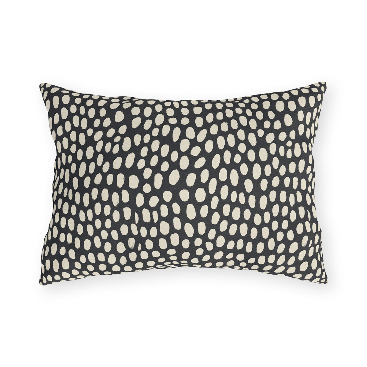 Hand-painted cream dots on charcoal outdoor lumbar pillow