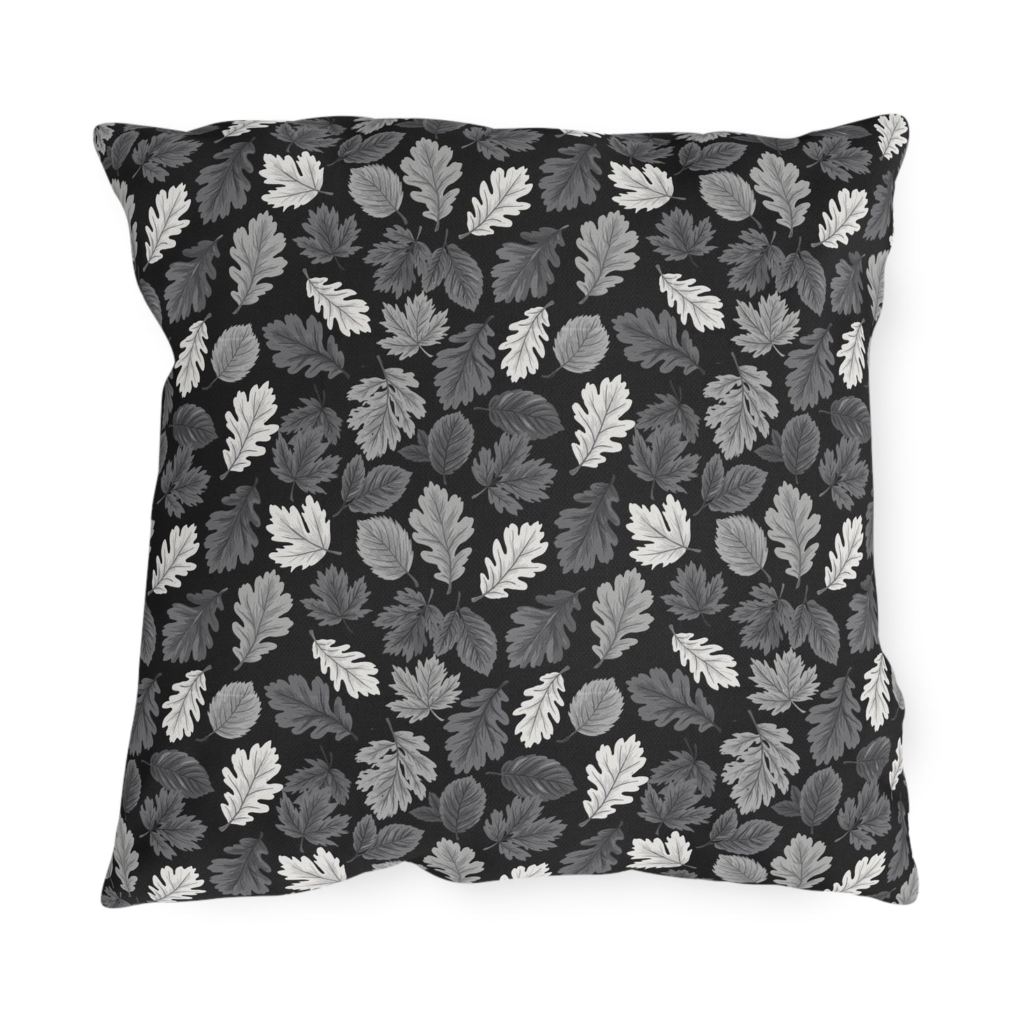 Charcoal, grey and white autumn leaves on black outdoor pillow