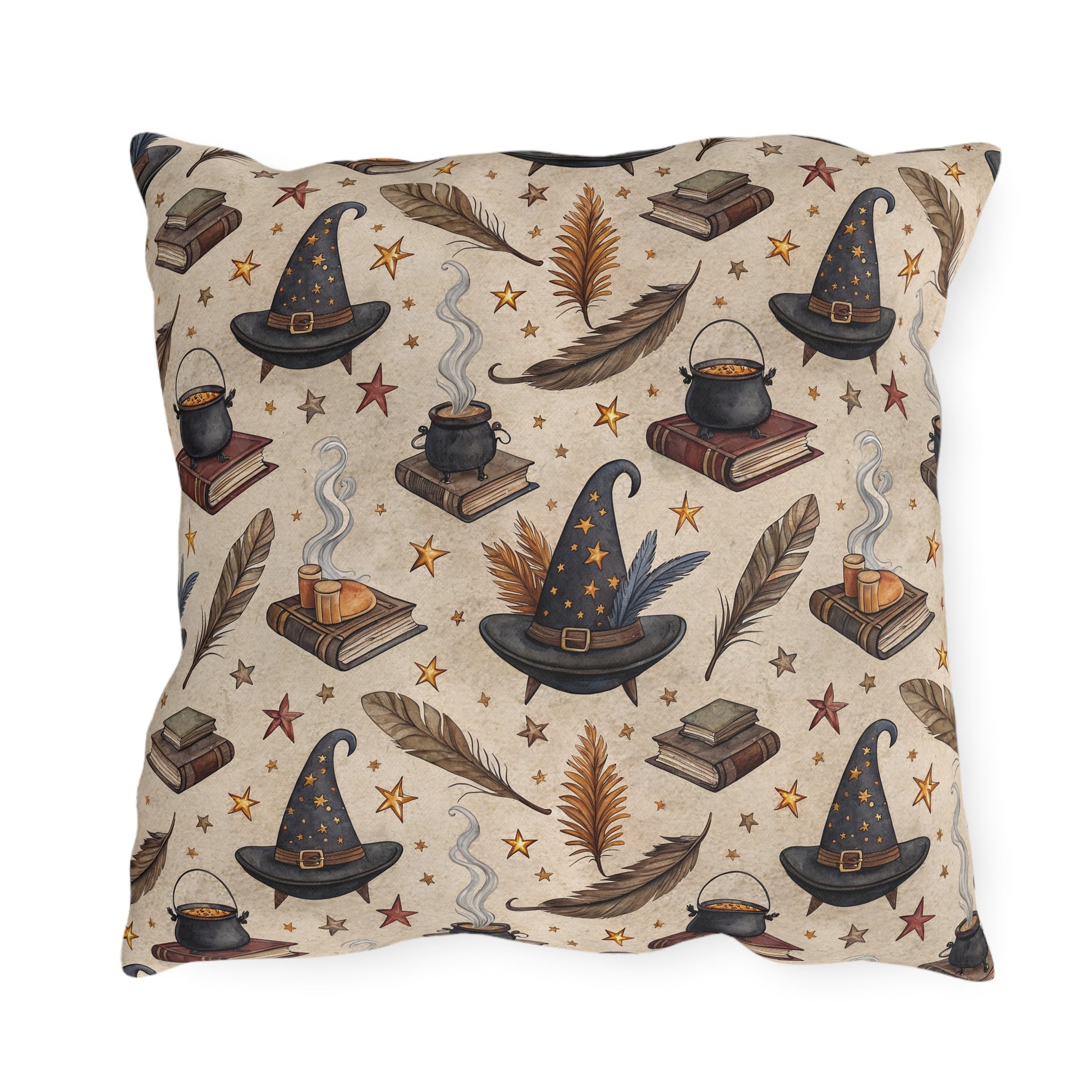 Witch hats, cauldrons, spell books and gold stars on parchment cream outdoor pillow