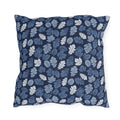 Indigo, steel blue and white autumn leaves on navy outdoor pillow