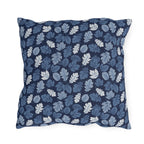 Indigo, steel blue and white autumn leaves on navy outdoor pillow