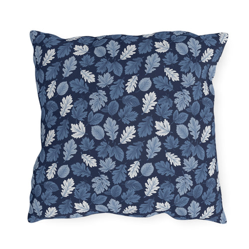 Indigo, steel blue and white autumn leaves on navy outdoor pillow
