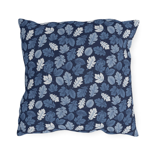 Indigo, steel blue and white autumn leaves on navy outdoor pillow
