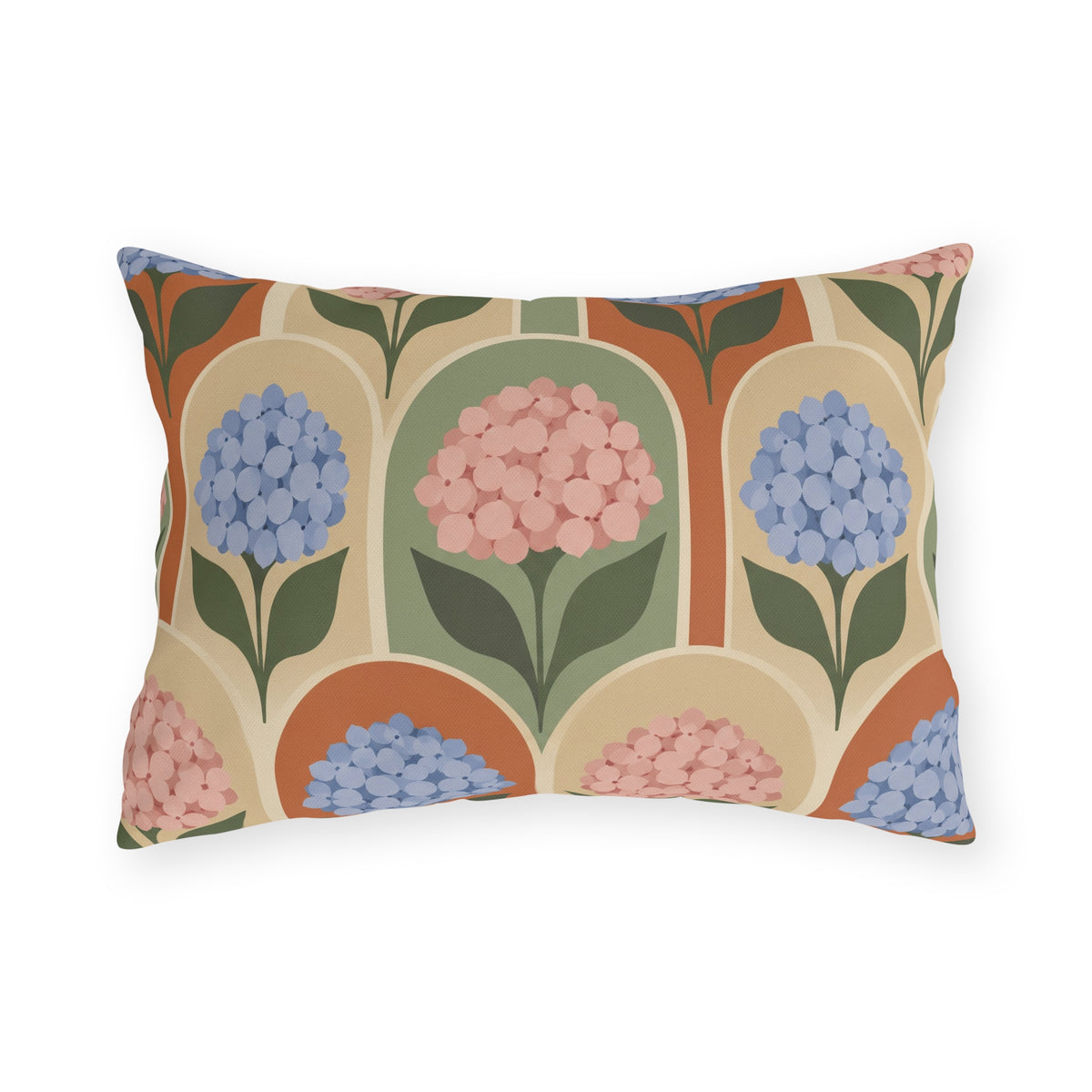 Retro hydrangea outdoor lumbar pillow with blue and pink hydrangeas inside terracotta, sage and cream arches