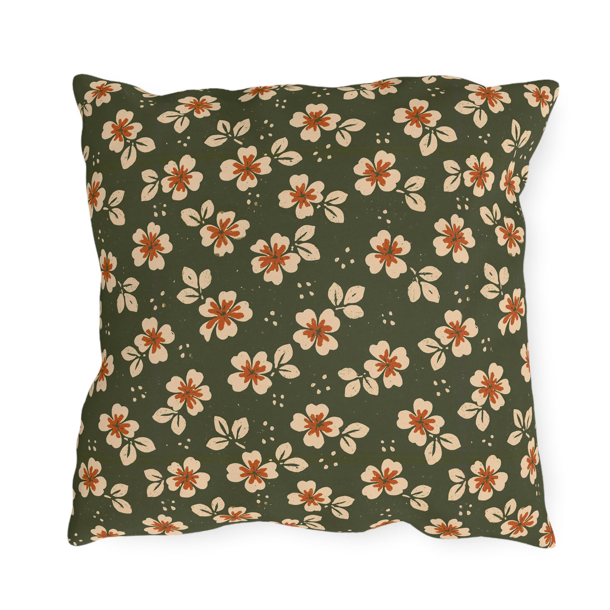Cream blossoms with rust centres on a deep olive outdoor pillow, block print floral