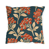 Red berry clusters with cream leaves on a deep teal outdoor pillow