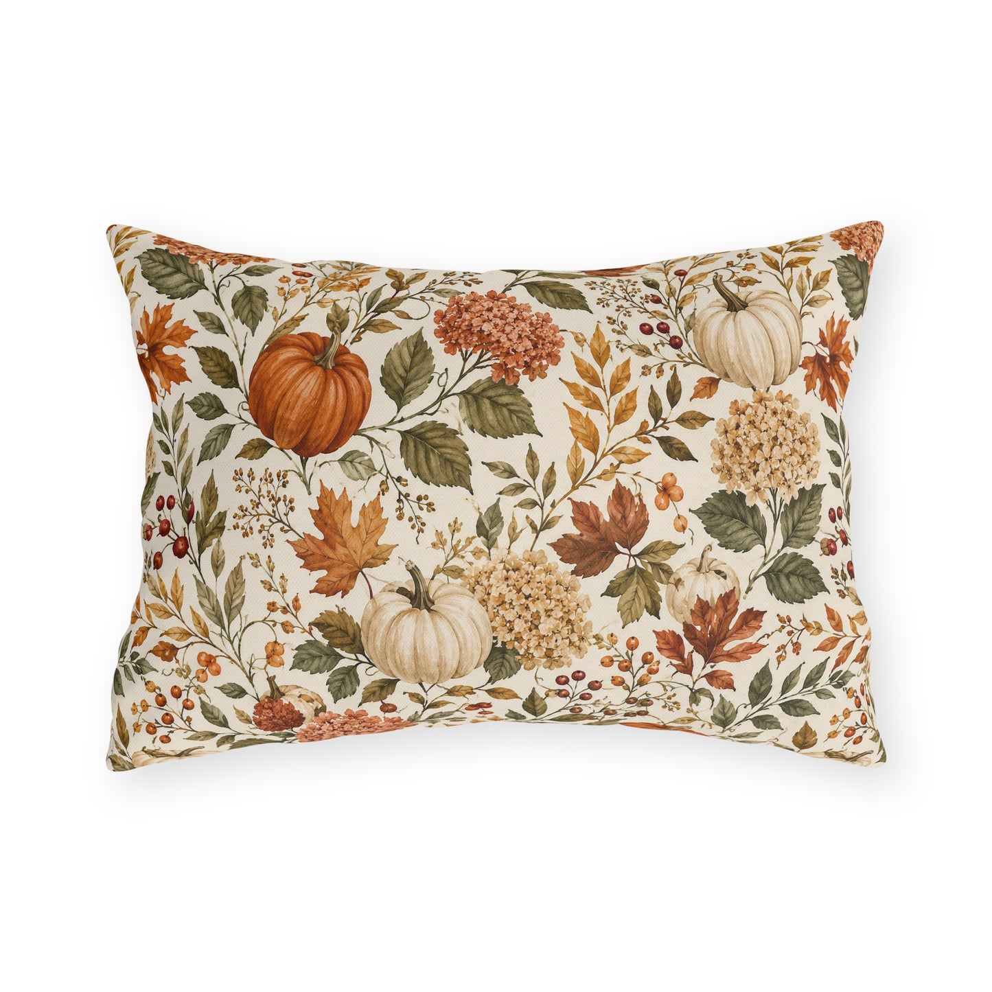 Watercolour pumpkins, hydrangeas and autumn leaves on cream outdoor lumbar pillow