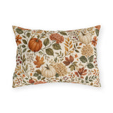 Watercolour pumpkins, hydrangeas and autumn leaves on cream outdoor lumbar pillow