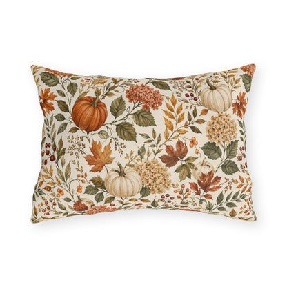 Watercolour pumpkins, hydrangeas and autumn leaves on cream outdoor lumbar pillow