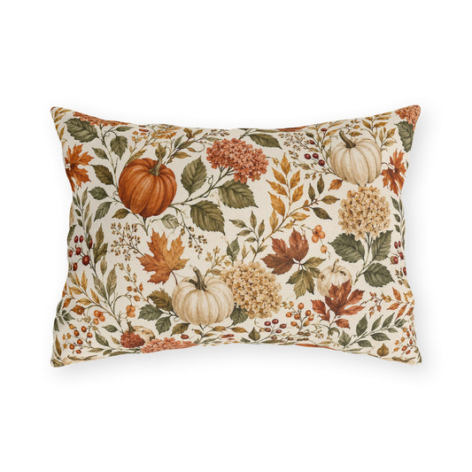 Watercolour pumpkins, hydrangeas and autumn leaves on cream outdoor lumbar pillow