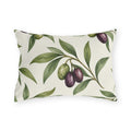 Green and purple olives on branches over a cream outdoor lumbar pillow