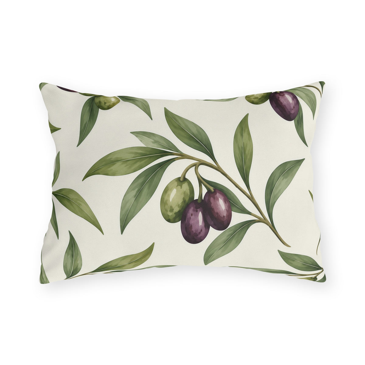 Green and purple olives on branches over a cream outdoor lumbar pillow