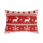 Red and cream fair isle Christmas outdoor lumbar pillow with reindeer, pine trees and snowflakes