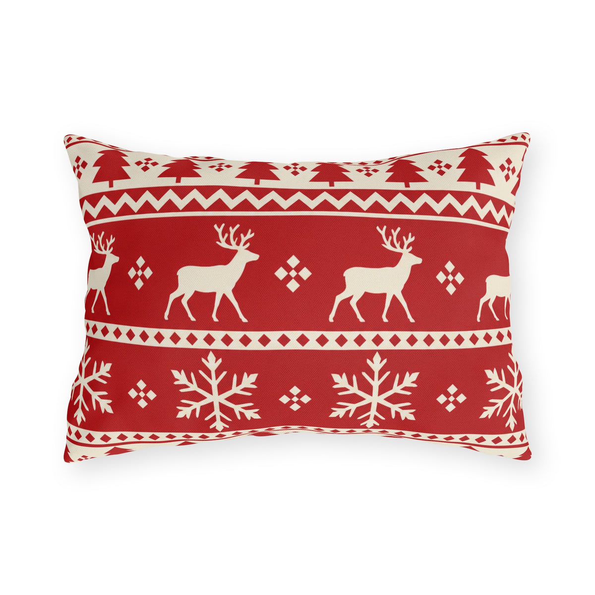Red and cream fair isle Christmas outdoor lumbar pillow with reindeer, pine trees and snowflakes