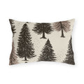 Large ink-sketched pine trees on a cream outdoor lumbar pillow