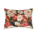 Coral red poppies, cream peonies and small pumpkins on near-black outdoor lumbar pillow
