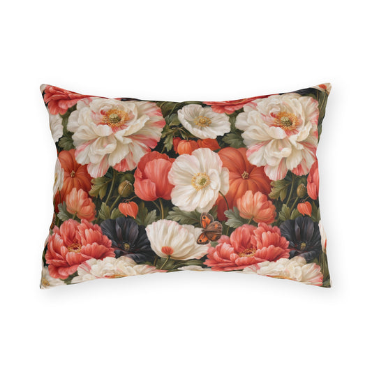 Coral red poppies, cream peonies and small pumpkins on near-black outdoor lumbar pillow