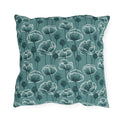 Teal and white poppies and seed heads on teal outdoor pillow