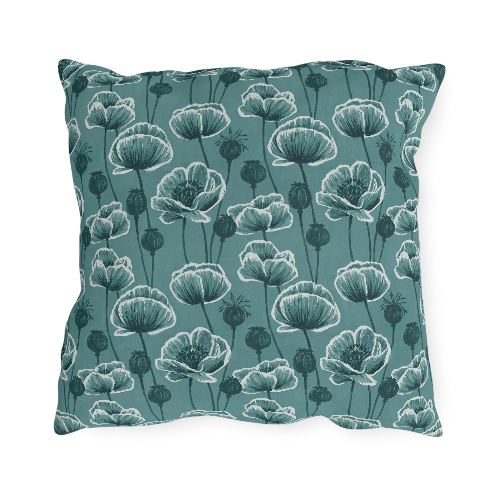 Teal and white poppies and seed heads on teal outdoor pillow
