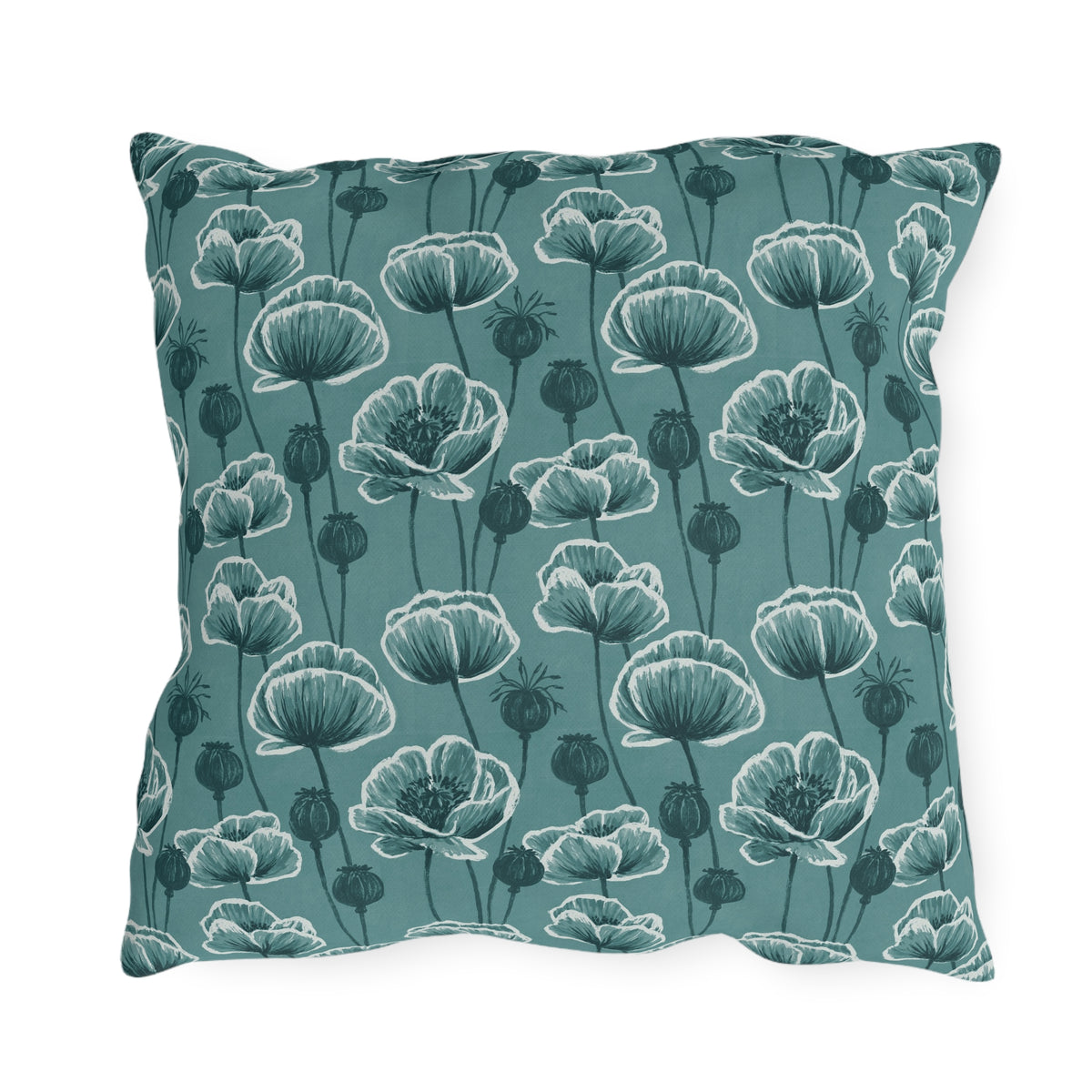 Teal and white poppies and seed heads on teal outdoor pillow