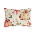 Fall outdoor lumbar pillow with watercolor pink, orange and cream pumpkins, gingham and pink bows and berries on cream