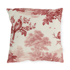 Red outdoor pillow with engraved country toile songbirds, blossoming branches, trees and a farmhouse on cream