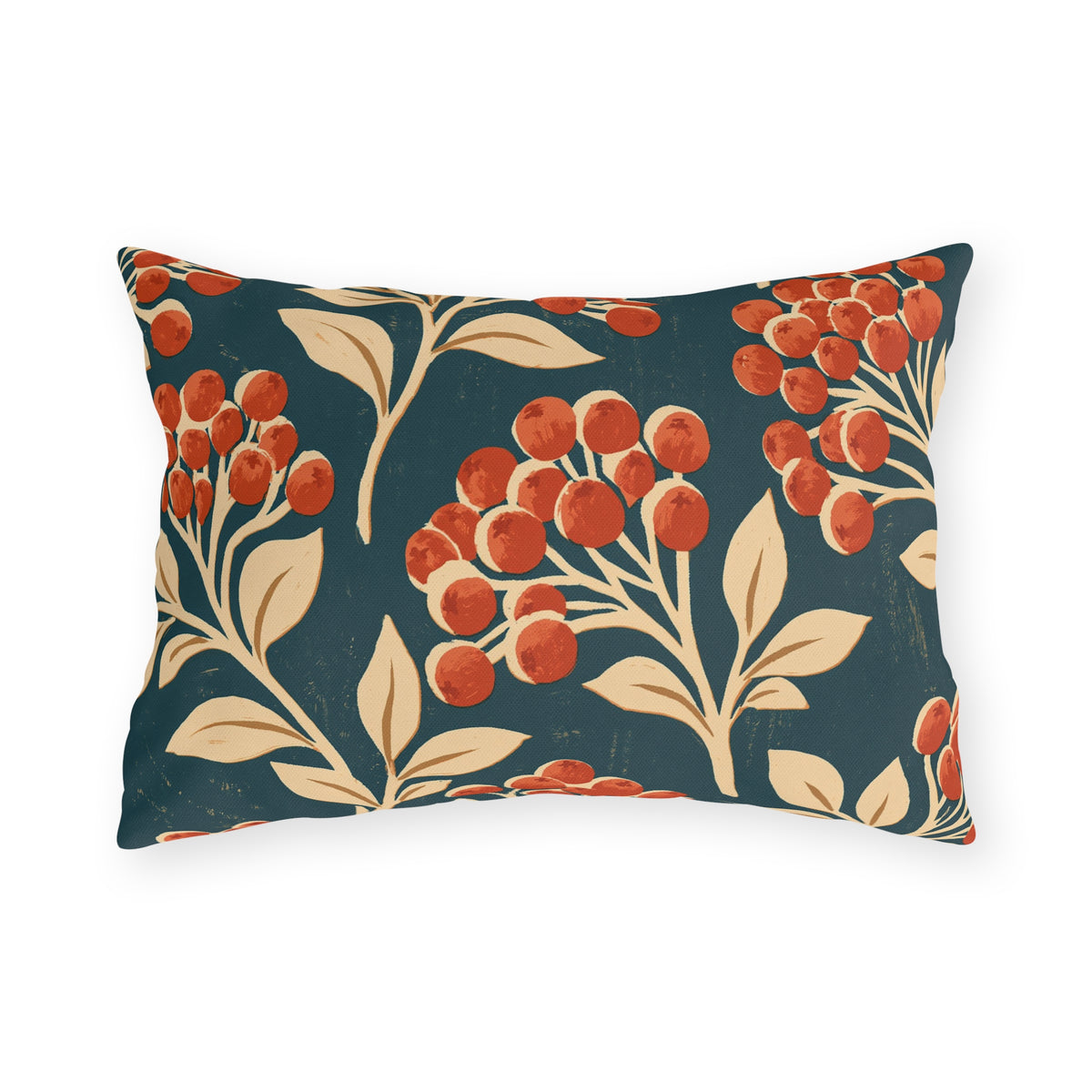 Red berry clusters with cream leaves on a deep teal outdoor lumbar pillow