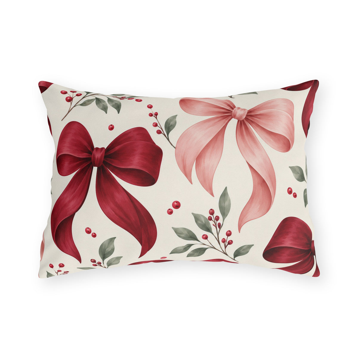 Winter outdoor lumbar pillow with watercolor red and pink satin bows, red berries and green leaves on cream