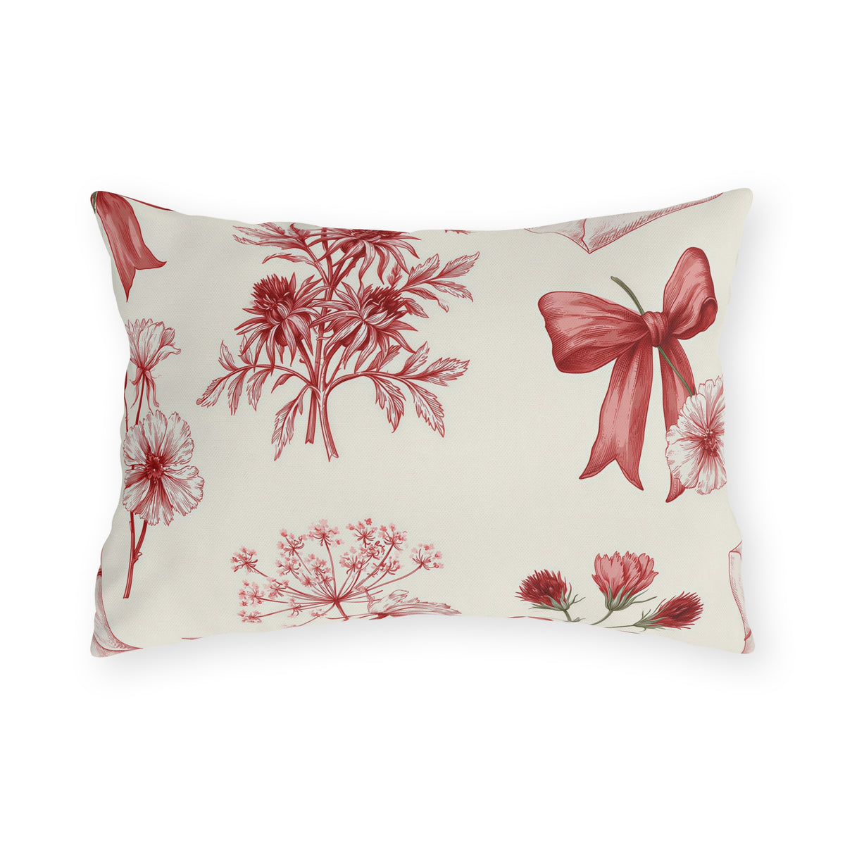 Red floral outdoor lumbar pillow with engraved toile wildflowers, ribbon bows and sealed love letters on cream