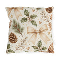 Christmas outdoor pillow with watercolor pinecones, holly with white berries, pine sprigs and ribbon bows on cream