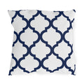 Navy and white quatrefoil outdoor pillow with a bold Moroccan trellis on crisp white