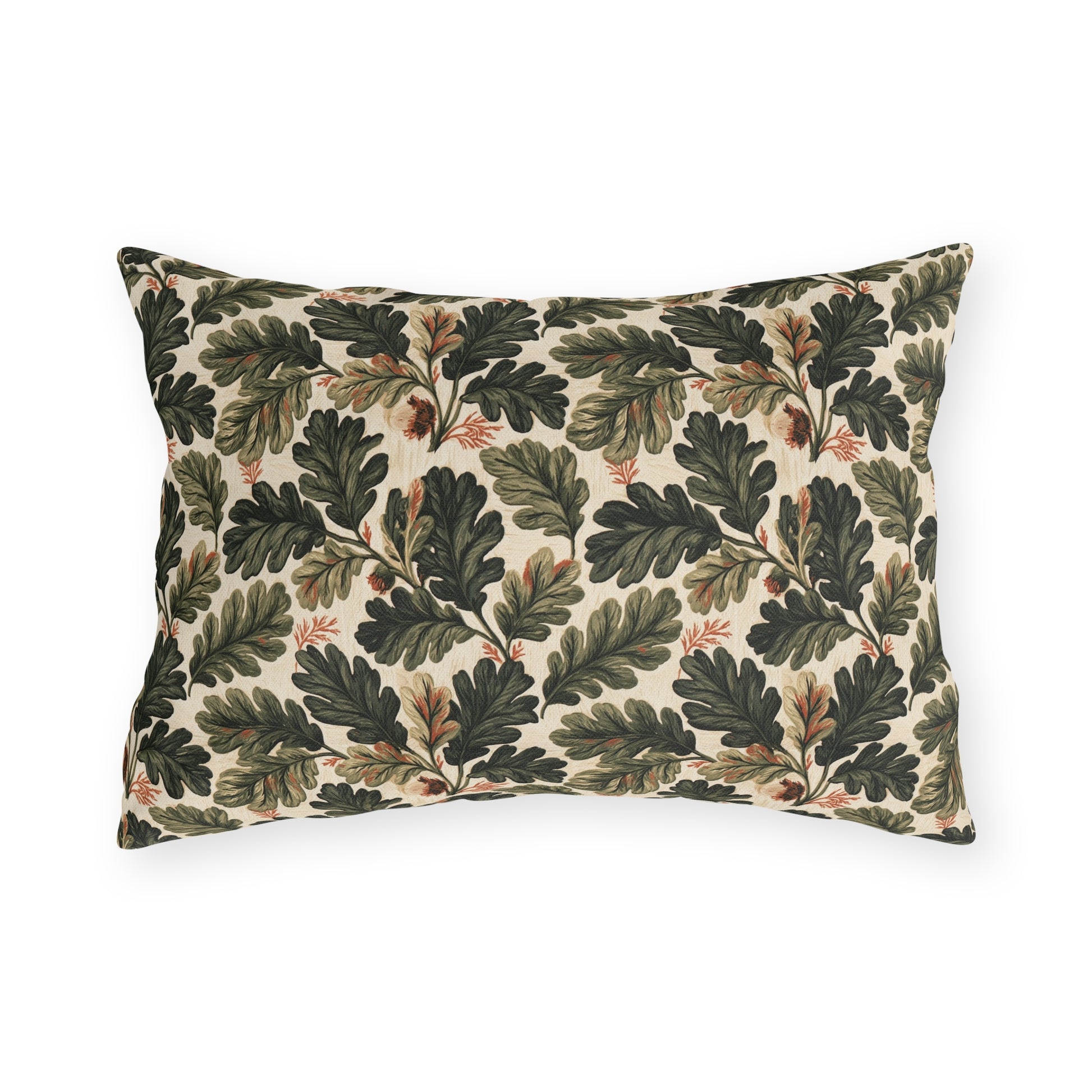Deep green oak leaves and acorns on cream outdoor lumbar pillow