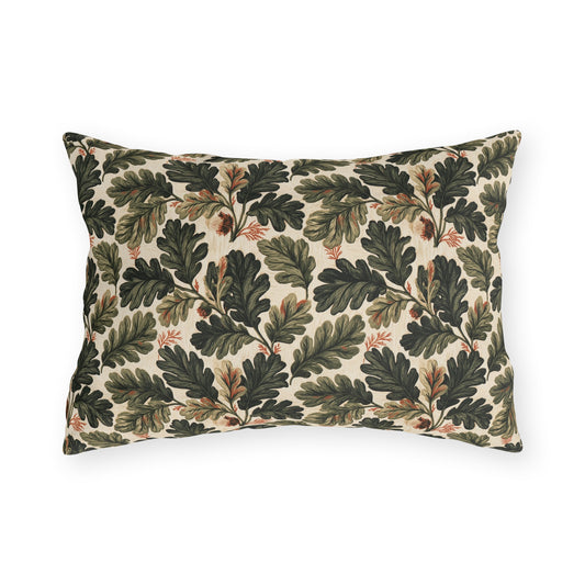 Deep green oak leaves and acorns on cream outdoor lumbar pillow