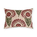 Block print floral outdoor lumbar pillow with wine red fan flowers, coral centers and olive leaves on blush
