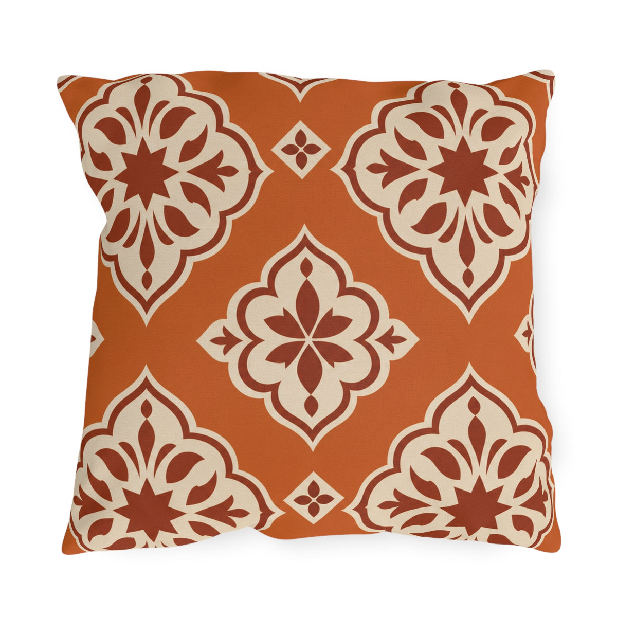 Burnt orange Moroccan medallion outdoor pillow with cream and rust tile medallions