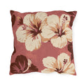 Cream and burgundy hibiscus painted on a dusty rose outdoor pillow
