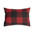 Buffalo check outdoor lumbar pillow with a large printed check in cranberry red, black and burgundy