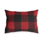 Buffalo check outdoor lumbar pillow with a large printed check in cranberry red, black and burgundy
