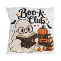 Funny Halloween outdoor pillow with a cute ghost in glasses reading a book, pumpkin, bats and Boo-k Club lettering