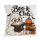 Funny Halloween outdoor pillow with a cute ghost in glasses reading a book, pumpkin, bats and Boo-k Club lettering