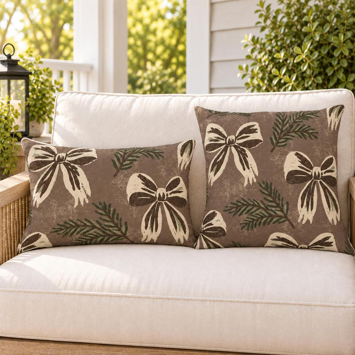 Spruce Bow Chocolate Outdoor Pillow
