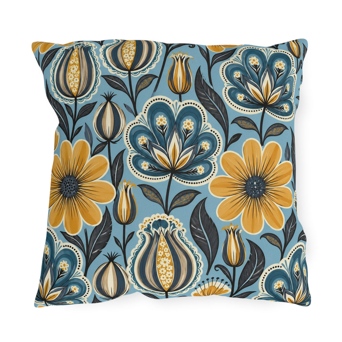 Floral outdoor pillow with Scandinavian folk flowers in mustard, teal and navy on sky blue